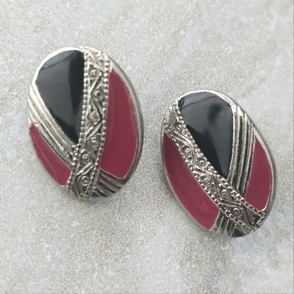 Vintage Silver-Toned Purple/Black Enamel Earrings - Picture 1 of 4